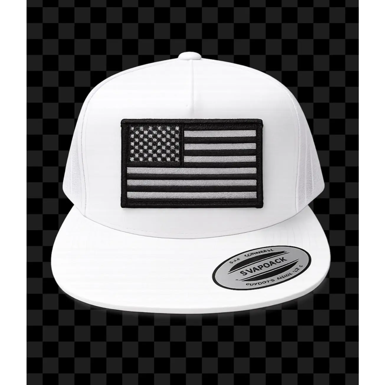 Yupoong American Flag Embroidered Patch Trucker Hat - White Flat Bill Snapback, Ventilated Mesh, Unisex Fit, Adjustable Snapback, Everyday Wear Accessory