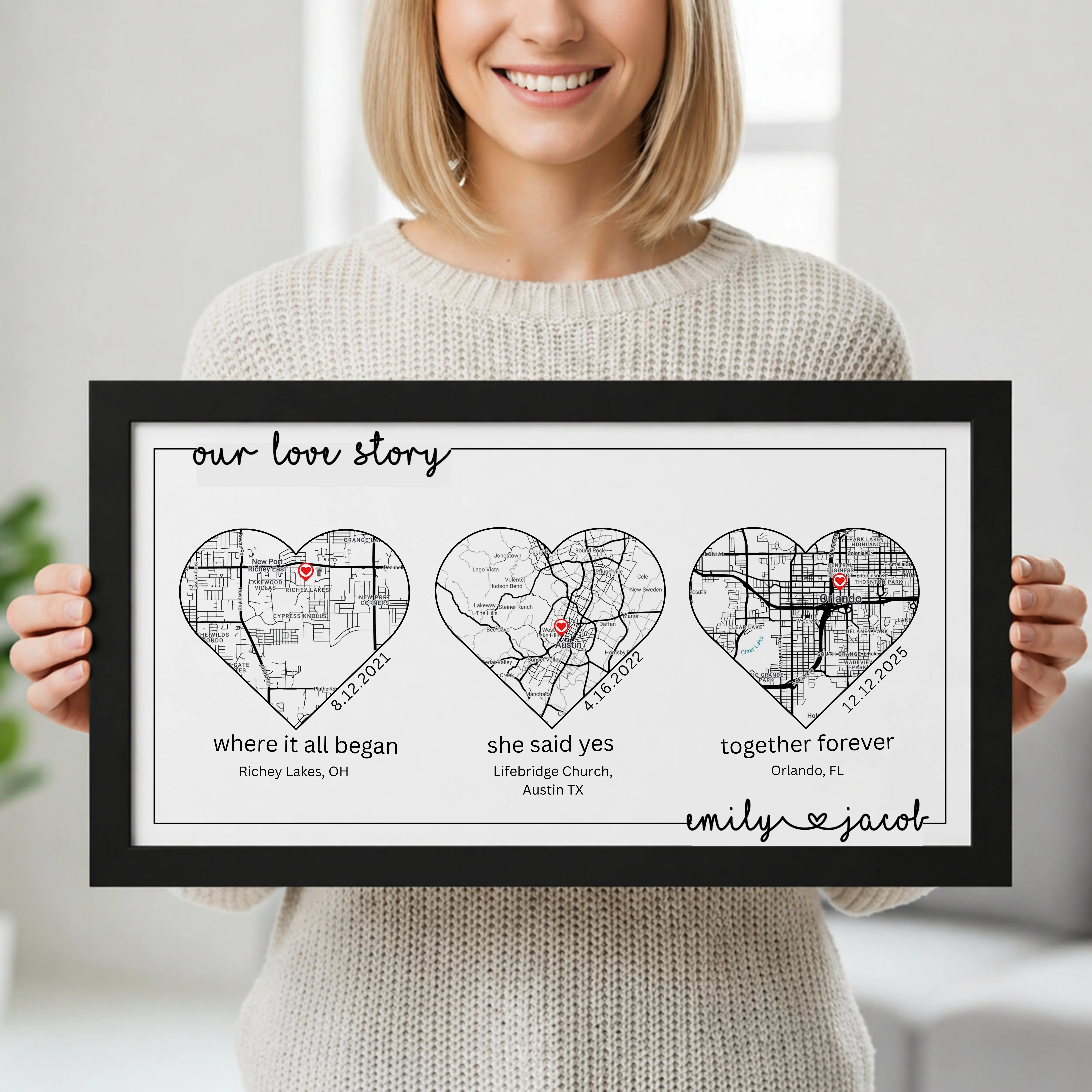 Custom Wedding Gift For Couple Love Story Map Framed Art 1st 5th 10th 25th 50th Personalized Marriage  Anniversary Present For Him Her Husband Wife Unique Keepsake