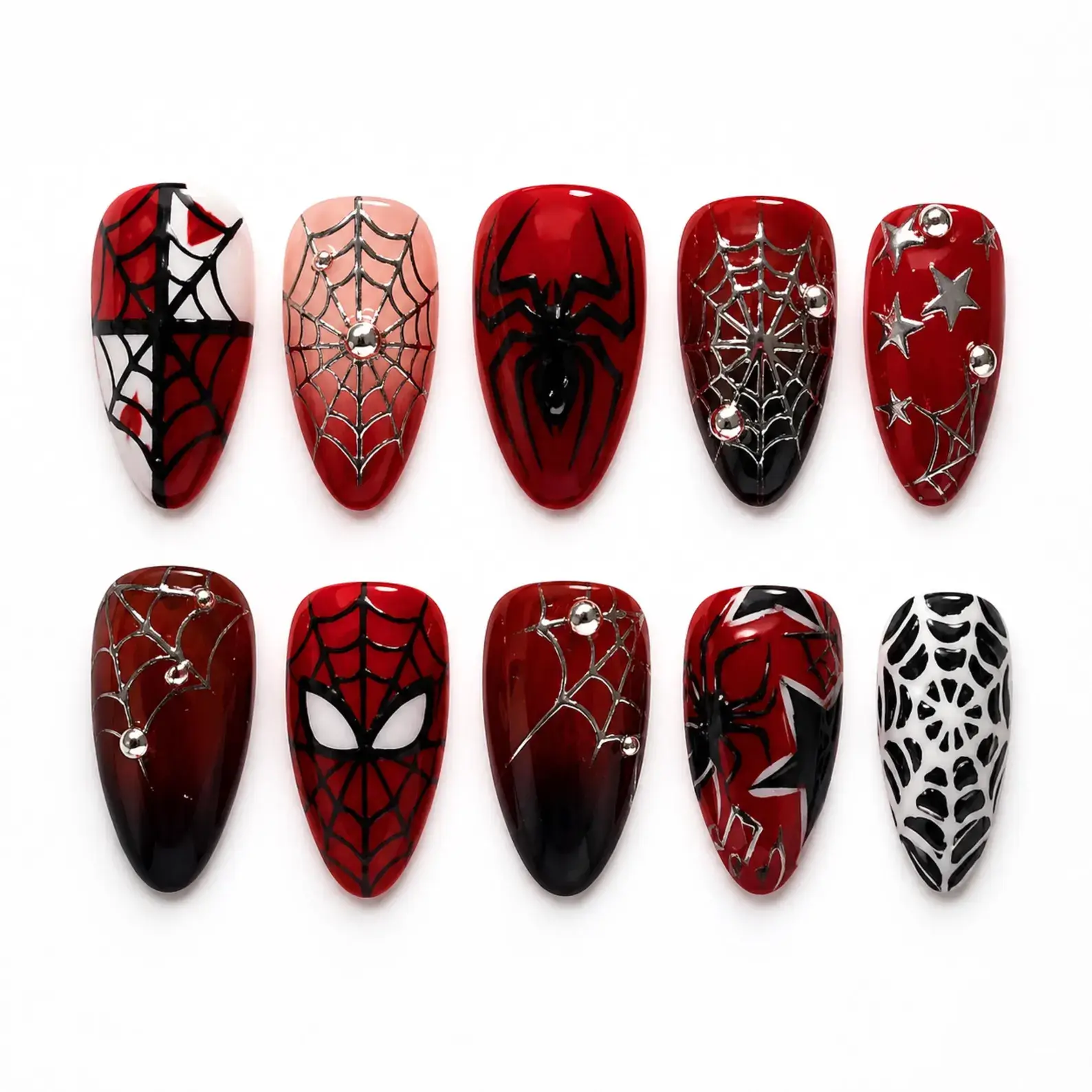 Luxury Spider Web Inspired Press-On Nails – Red Black Glossy Almond Fake Nails with Metallic Web Art & Rhinestone Accents | Handmade Reusable Full Cover Nail Set