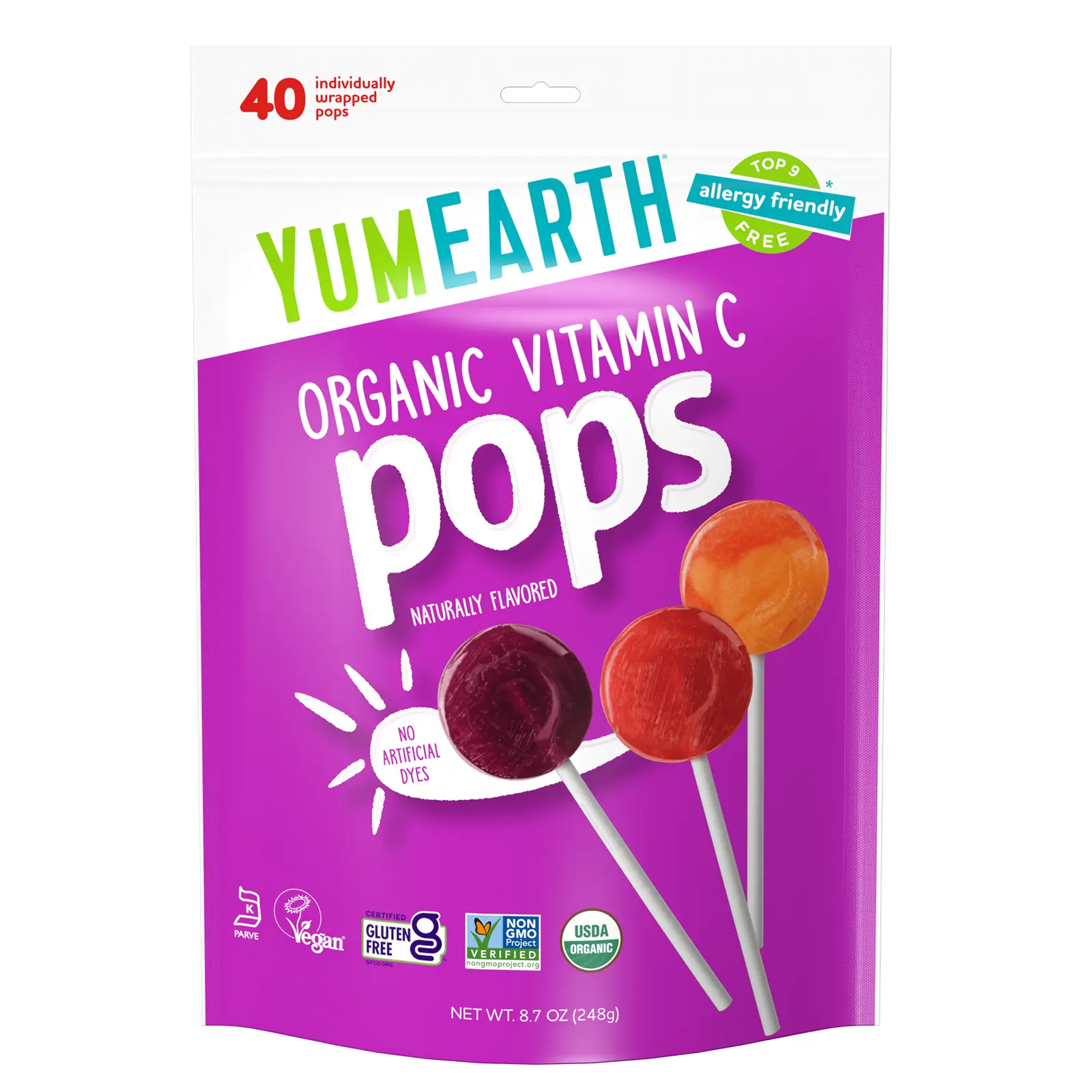 YumEarth Organic Vitamin C Pops, Assorted, 40 Individually Wrapped Pops, 8.7 oz (248 g)