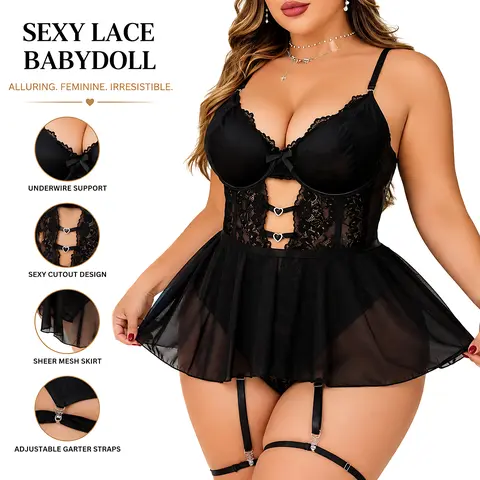 Women's Plus Size 1XL 4-Piece Sexy Polyester Floral Lace Mesh Teddy Bodysuit Lingerie Set - Adjustable Straps Bra, High Waist Panty, Mini Skirt, Babydoll Dress for Boudoir Sleepwear, Fantasy Intimate Gifts