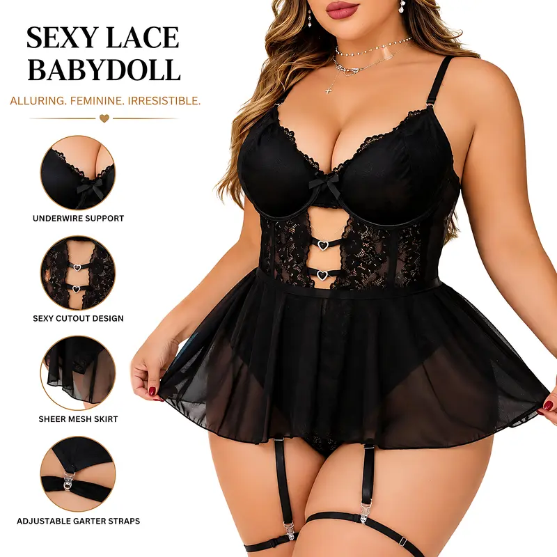 Women's Plus Size 1XL 4-Piece Sexy Polyester Floral Lace Mesh Teddy Bodysuit Lingerie Set - Adjustable Straps Bra, High Waist Panty, Mini Skirt, Babydoll Dress for Boudoir Sleepwear, Fantasy Intimate Gifts