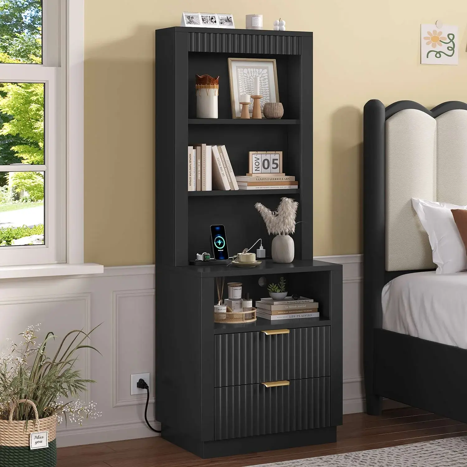 Sikaic Black Tall Fluted Nightstand with Drawers and Charging Station, Modern Bedroom Night Stand with Storage