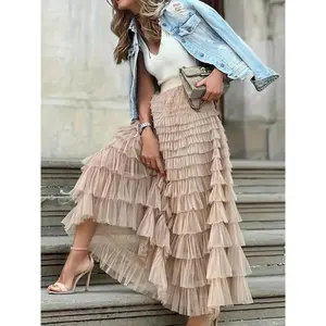 Women's Plain Ruffle Hem Tiered Layer Skirt, Elegant High Waist Long Skirt for Vacation Holiday Party, Ladies Bottoms for All Seasons, Long Skirt Women