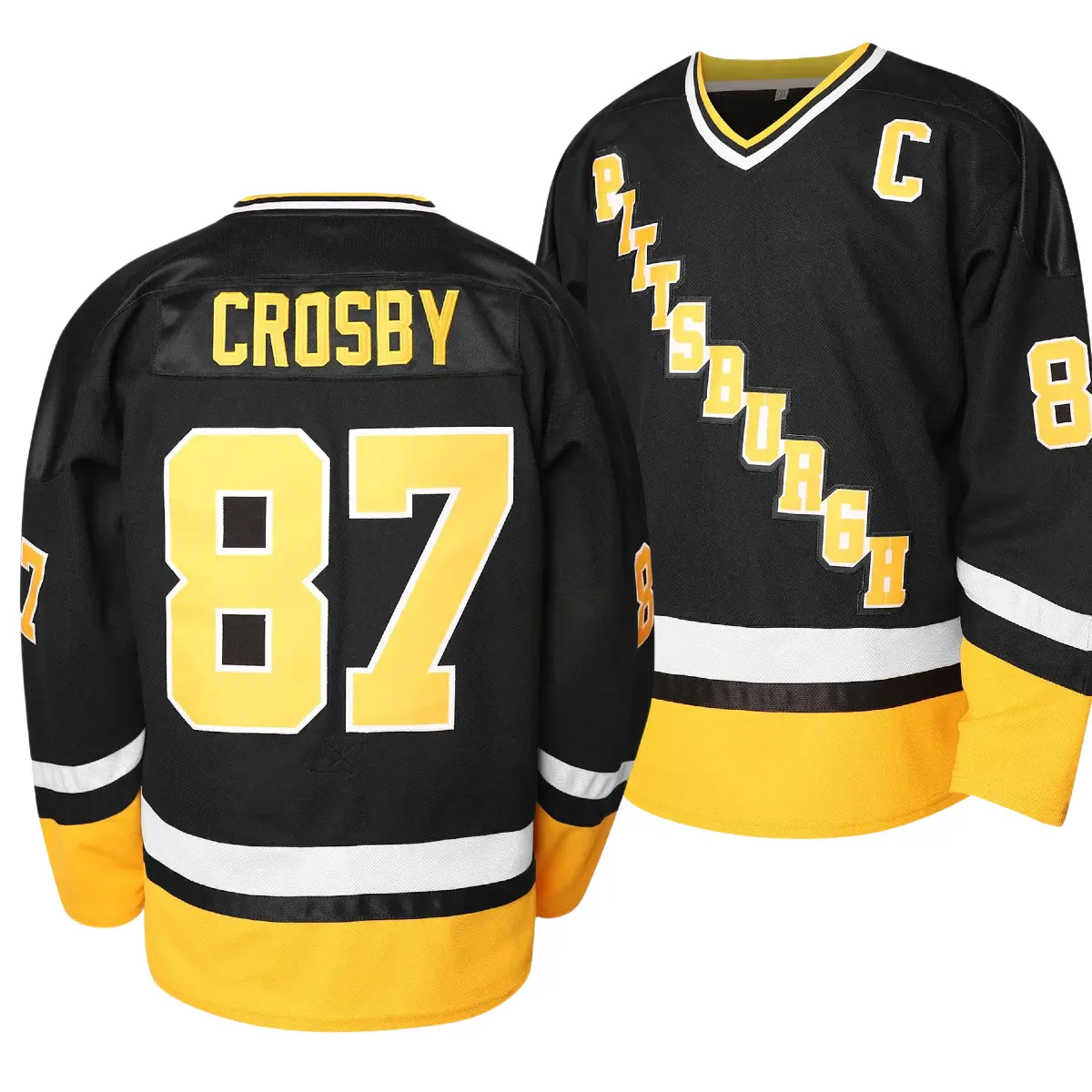 Men's #87 Embroidery Ice Hockey Jersey, Vintage Stripe V Neck Long Sleeve Uniform Pullover Hockey Shirt For Training Competition Outfits Streetwear crosby lemieux