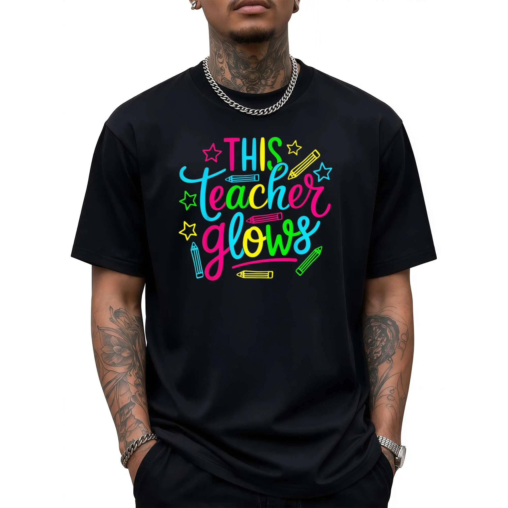 Glow-in-the-Dark Neon Teacher T-Shirt - 80s 90s Retro Glow Up Party Outfit, Glowable for all-Season, Loose Fit Round Neck Tee for Men Themed Events & Parties - Nostalgic Glowtooth suitable for teachers