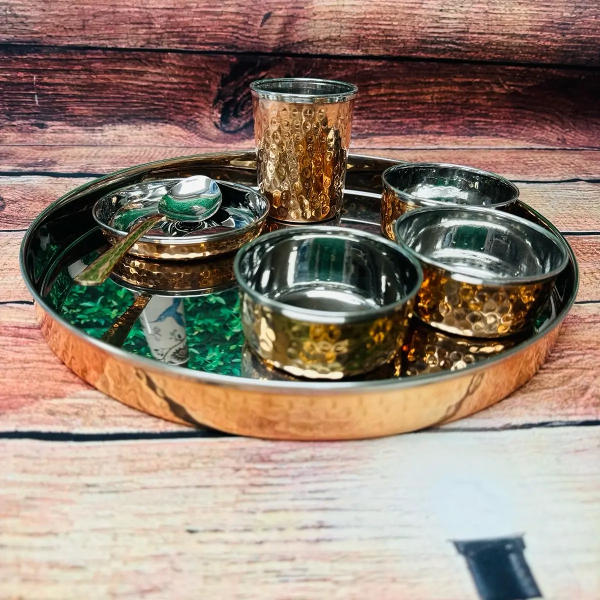 Copper Stainless Steel Hammered Thali Set - 7 Pcs Traditional Indian Nepalese Dinnerware with 3 Bowls, Spoon, Glass & Desert Plate