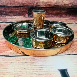 Copper Stainless Steel Hammered Thali Set - 7 Pcs Traditional Indian Nepalese Dinnerware with 3 Bowls, Spoon, Glass & Desert Plate
