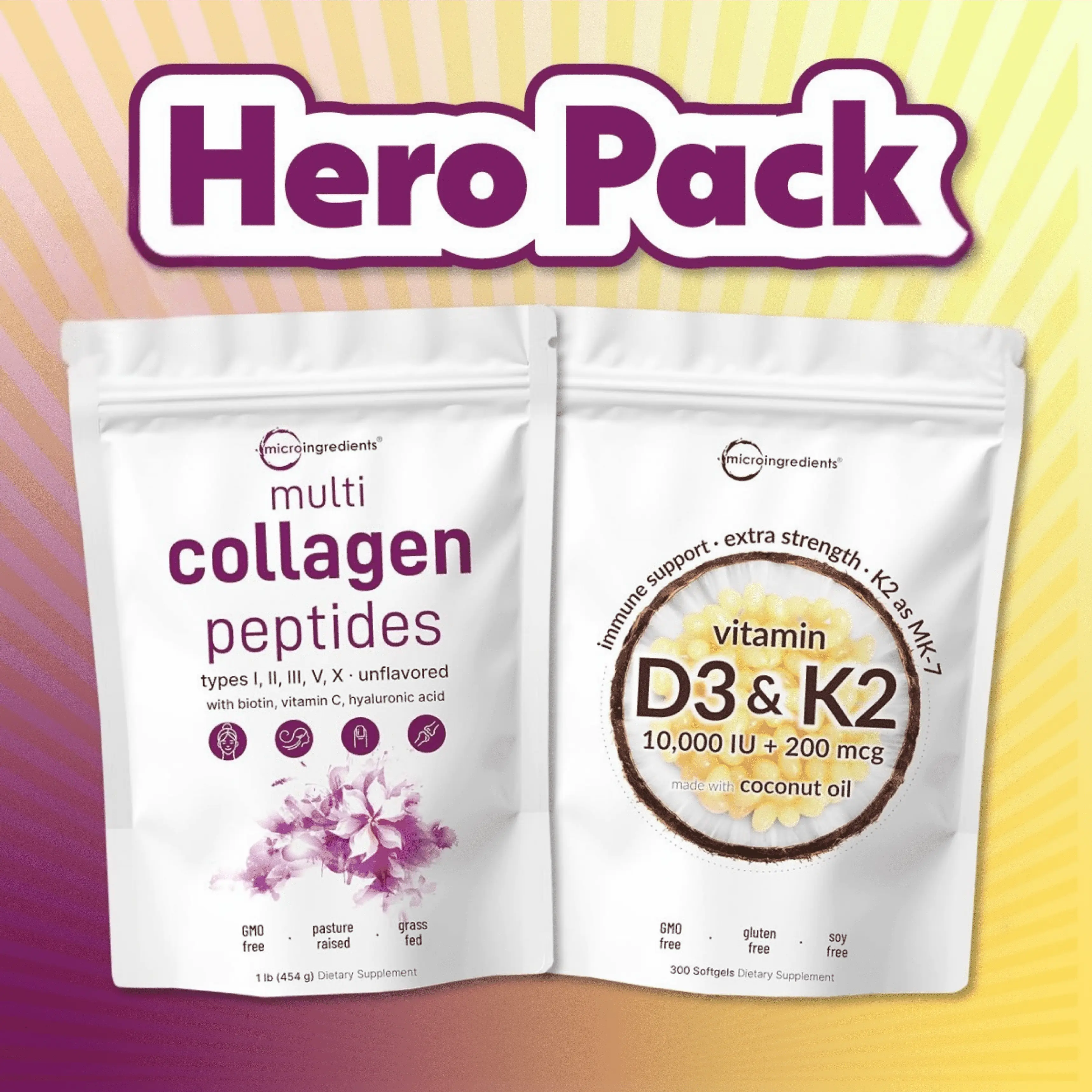 Micro Ingredients Hero Pack: Multi Collagen Peptides Powder & Vitamin D3 K2 10000IU Softgels Micro Ingredients Hero Pack: Multi Collagen Peptides Powder & Vitamin D3 K2 10000IU Softgels