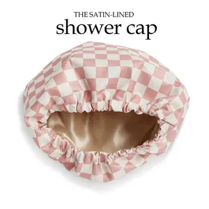 Luxury Shower Caps for Women Reusable Waterproof Flexi Satin Lined Quick-dry Adjustable Hair Cap for Long & Short Hair Terracotta Checker Pattern