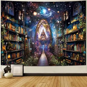 Mysterious Bookshelf Tapestry Galaxy Space Library Tapestry Fantasy Landscape Vintage Aesthetic Tapestries Book Decoration Wall Hanging Decor for Bedroom Home