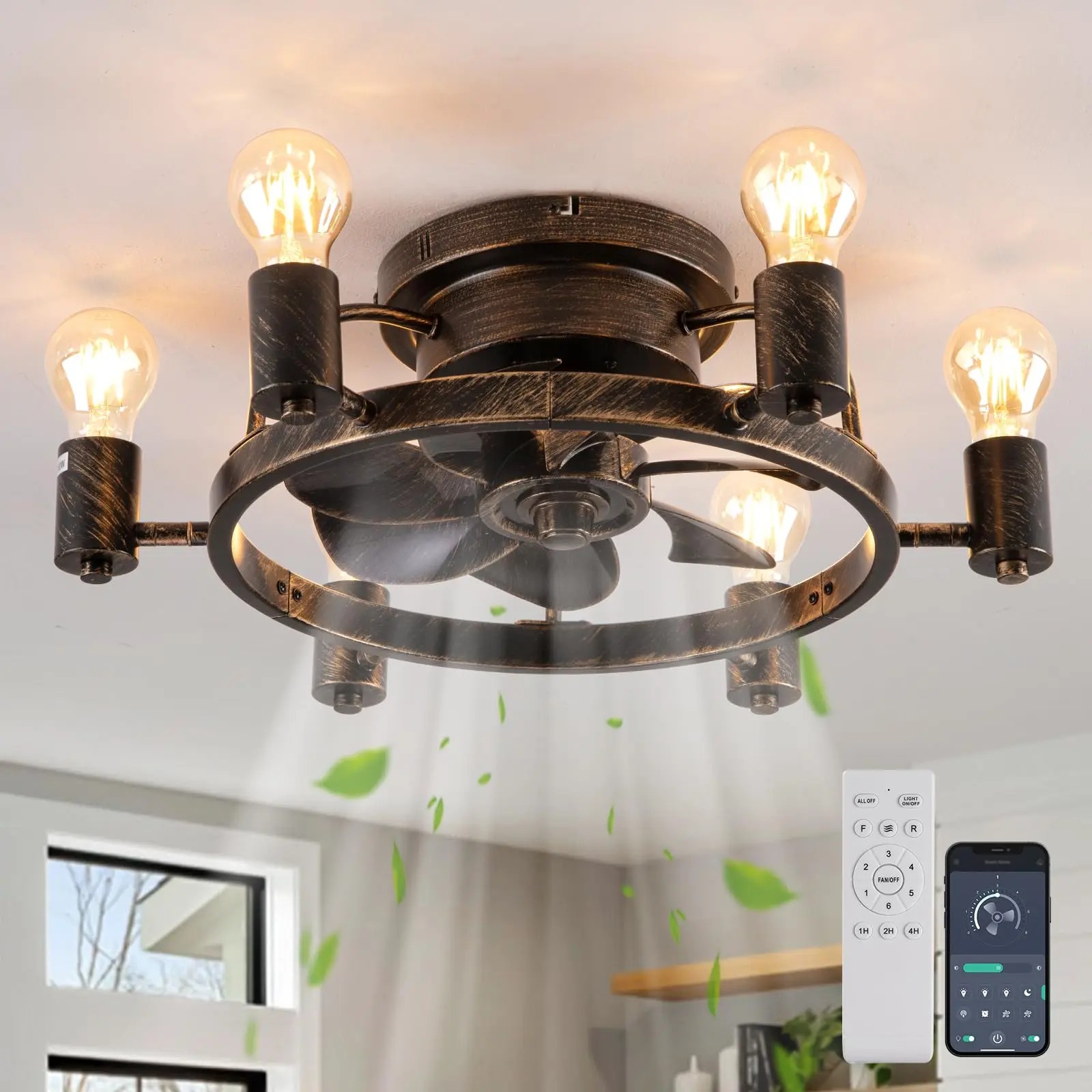 Garwarm Black Ceiling Fans with Lights and Remote, 20 Inch Flush Mount Ceiling Fan, Farmhouse Rustic Industrial Fan Lights for Bedroom, Kitchen Decorative Lamp Modern Home