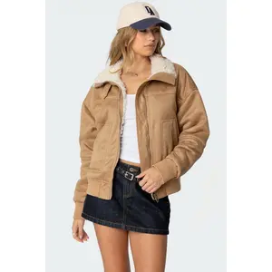 Faux Suede Shearling Bomber Jacket