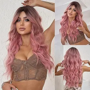 Pink Wigs for Women Long Wavy Wig Middle Part Curly Wigs Natural Looking Hair Replacement Wigs for Party Daily Use