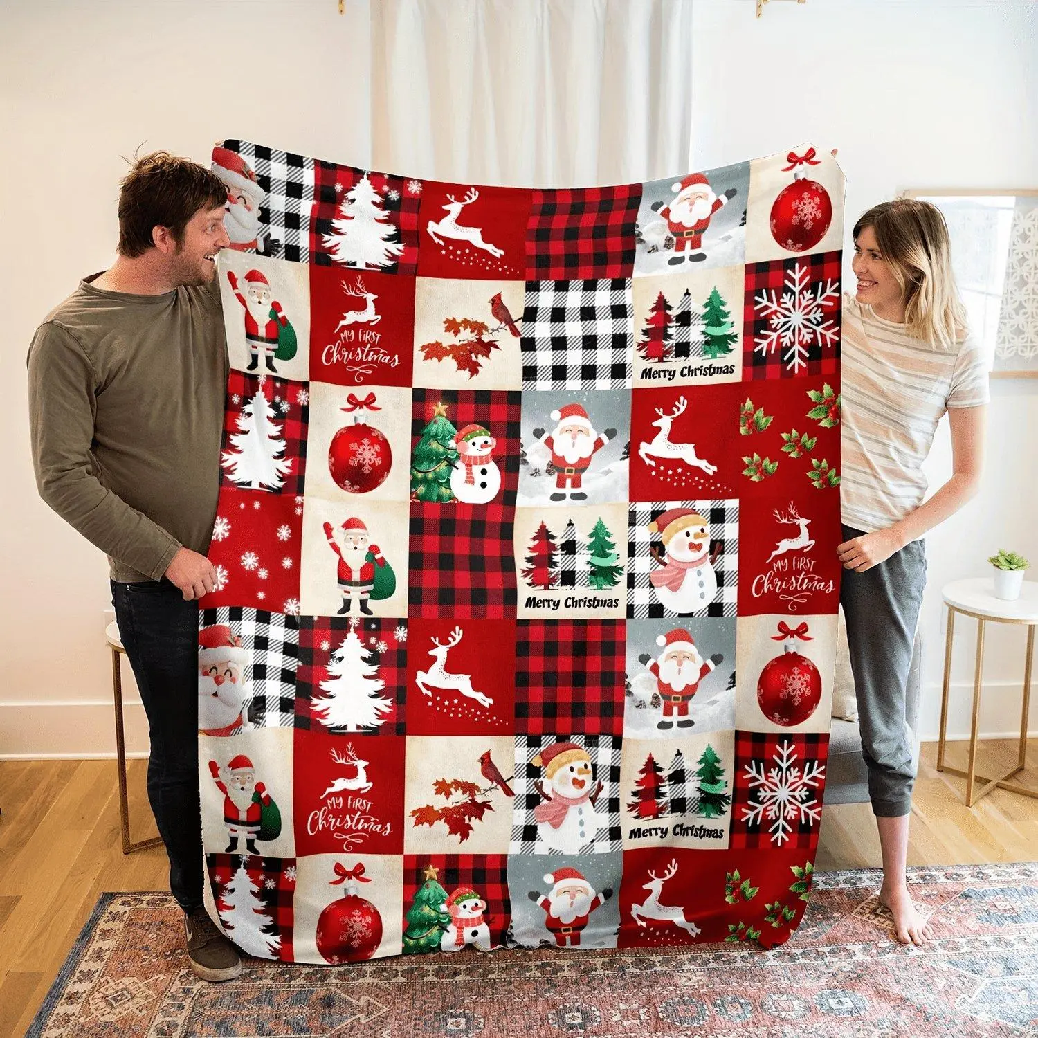 Ultra Warm Christmas Flannel Throw Blanket Cozy Plush with Festive Elements Red Black and White Checkered with "Merry Christmas" Text Soft Holiday Throw Blanket for Living Room Bedroom Seasonal Bedding Decor