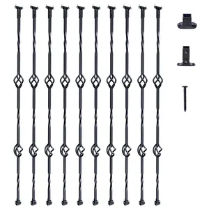 Staircase Metal Balusters 44 Inch By 1/2 Inch Galvanized Steel Decorative Banister Spindles, 10 Pack Deck Balusters With Hollow Double Baskets, Spiral Stair Railing With Shoes And Screws Kit For Staircase
