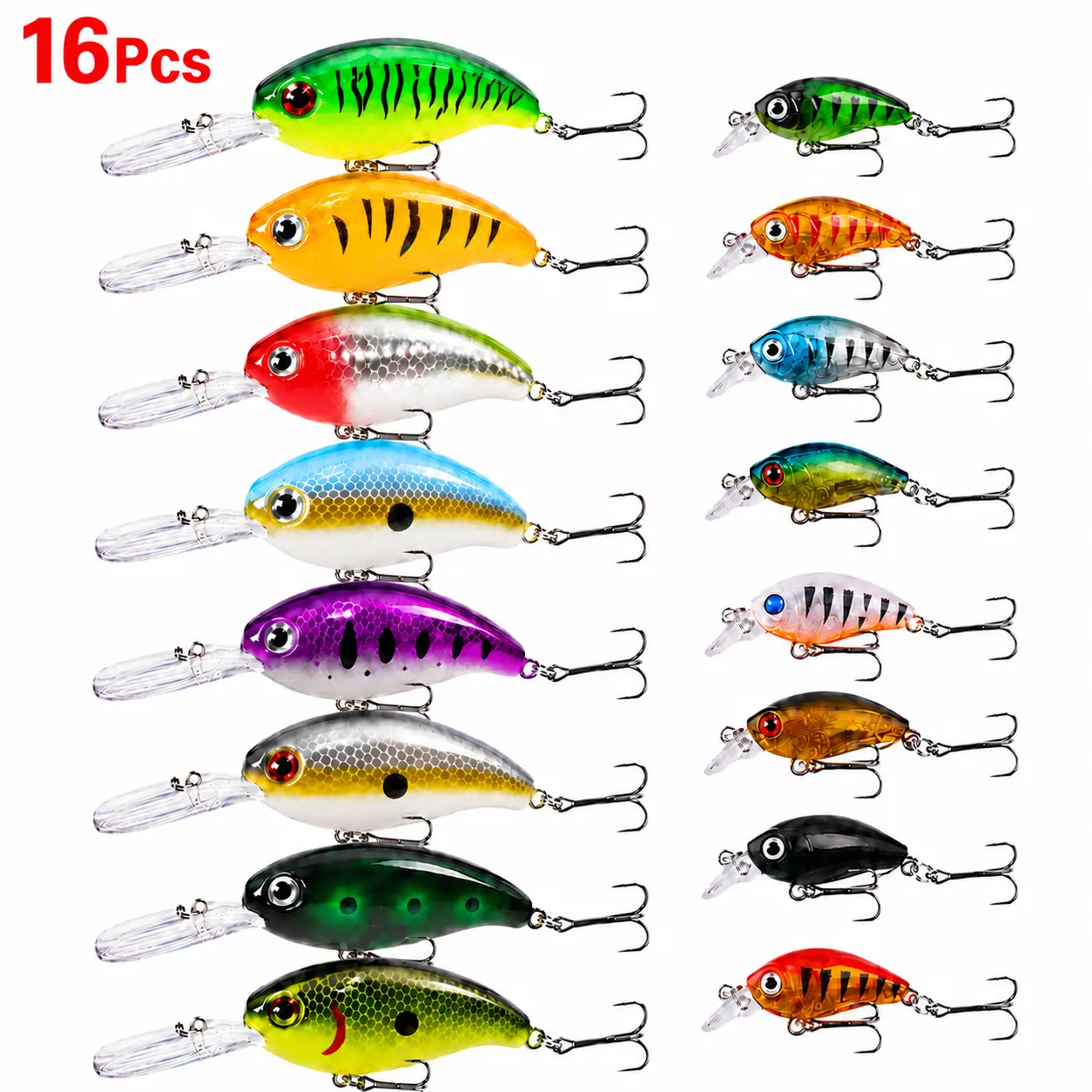16PCS Crankbait Fishing Lure Set, Floating Deep Diving & Slow Sinking Hard Baits with Treble Hooks, Rattle Crank Bait Kit for Bass Trout Crappie Pike Freshwater Fishing