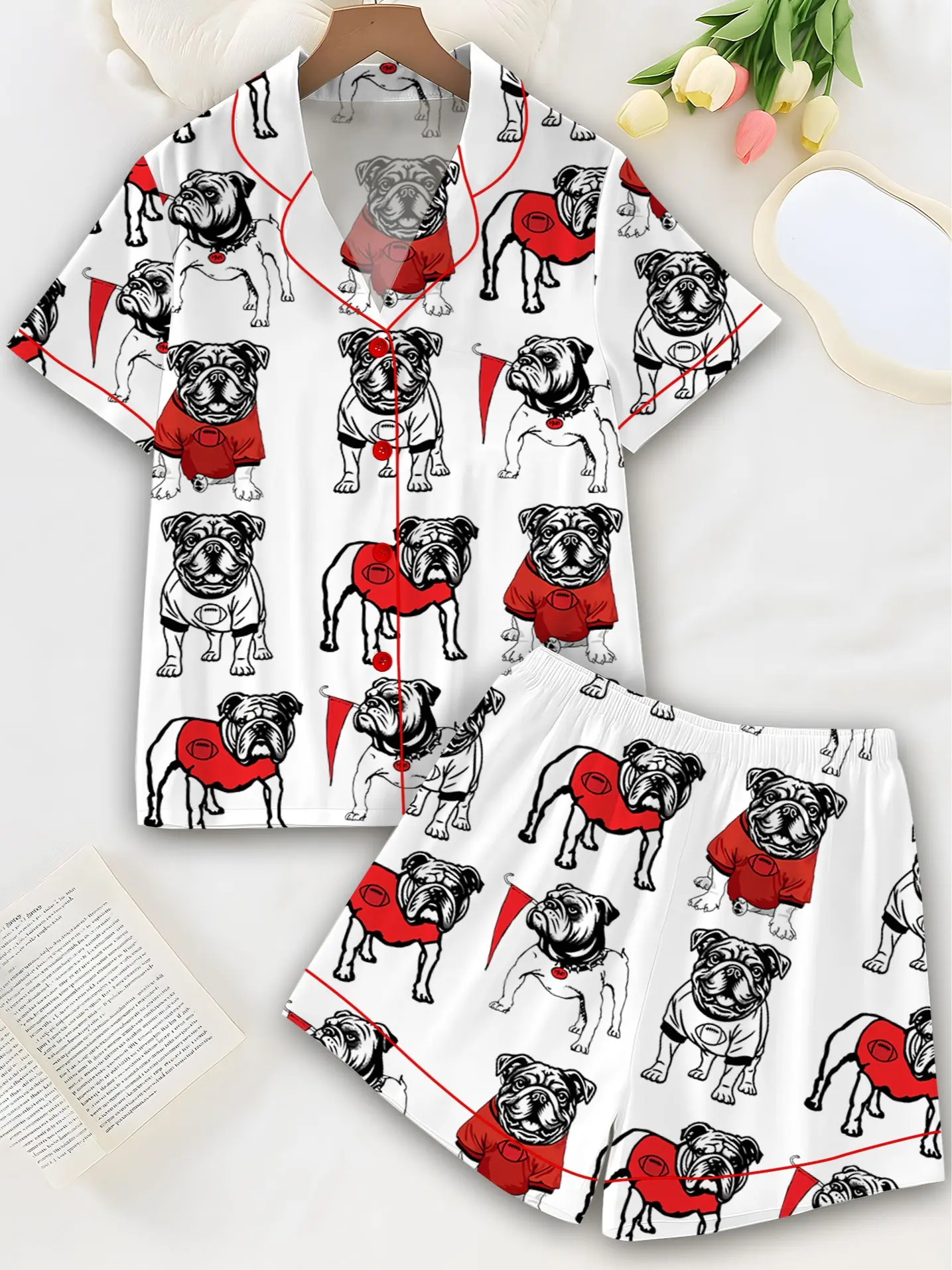 Women's Luxury Polyester Satin Pajama Set - Glossy, Adjustable, Everyday Style Bulldogs & Pitbull Football Themed Sleepwear