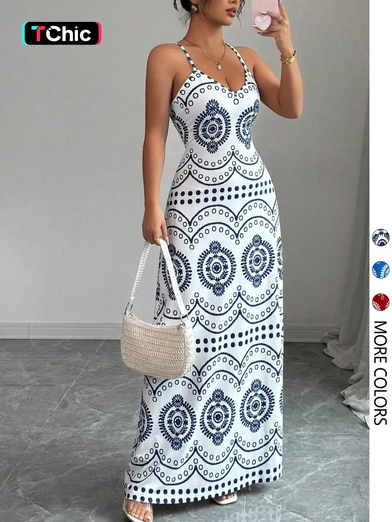 Women's Elegant Fashion Spaghetti Strap Ethnic Print V-Neck Dress, Stylish Summer Casual Boho Chic Feminine Wear, Perfect for Parties, Daily and Everyday Wear, Boho Style Dresses
