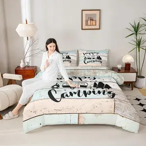 Camper RV Comforter Set,Camping Travel Trailer Decor Bedding Set,Vintage Wooden Plank Cottage Down Comforter,Rustic Farmhouse Duvet Insert
