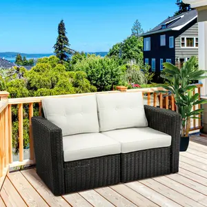 Beige Convertible Outdoor Sectional Sofa – 2 Corner Pieces Form 1 Loveseat or 2 Chairs, 352 LBS Weight Capacity, Handwoven PE Wicker with Thick Padded Cushions for Patio