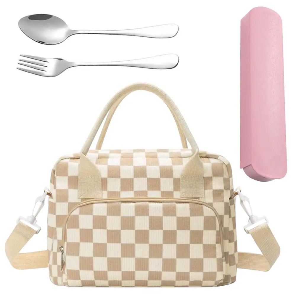 Women’s Portable Thermal Lunch Tote Bag, Large Capacity Checkered Insulated Food Carrier with Tableware Set, Waterproof Reusable Lunch Container for Work Beach Travel