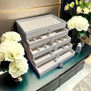 5 Layers Jewelry Velvet Box, 1 Set Large Capacity Jewelry Holder Organizer with Drawer, Lockable Jewelry Storage Boxes for Earring Necklace Ring, Gift for Women