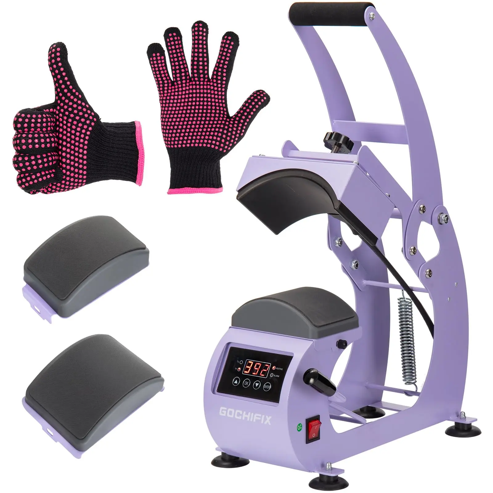 Heat Press Ironing System Machine with Precise Temperature-Timer Control, 6.54"x3.84" Curved Plate, 2 Hat Pads, Stretcher, Safety Base, Heat-Resistant Glove for Caps, Sublimation, Safety Base And Glove, Vinyl Transfer