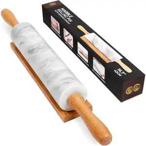 16.7 Inches Marble Rolling Pin for Baking with Wooden Handles & Wooden Cradle - Rolling Pin for making Pizza Dough & Tortillas, Dough Roller for Pasta, Cookie, Pie Crust and !