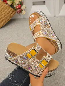 Bohemian vacation-style diamond-encrusted sandals with heavy-duty beaded embroidery and thick soles. Perfect for summer beach outings.