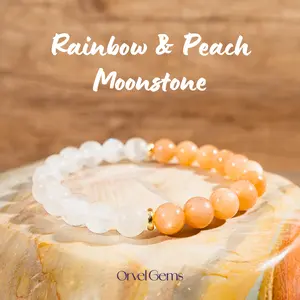 Natural Rainbow & Peach Moonstone Gemstone Bracelet – Divine Feminine & New Beginnings | Premium Crystal Jewelry for Self-Care, Meditation & Yoga | Thoughtful Gift for Her, Perfect for Mother’s Day