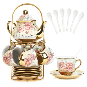 20 Pcs Porcelain Tea Set with Metal Holder and Spoon, European Ceramic Tea Set for Adults, European Flower Painting Teapot Cup Saucer Spoon Set for 6, Gift Pack (Pink and Gold)