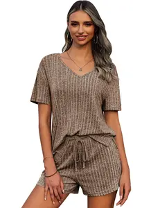 EKOUAER Womens Ribbed Knit Lounge Set Short Sleeve Top and Shorts  Two Piece Outfits Set