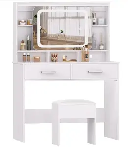 Garvee LED Lighted Vanity Desk Set with Mirror & Storage Shelves – 3-Piece White Makeup Vanity Table with Drawers, Stool & Multifunctional Organizer for Bedroom Dresser Decor