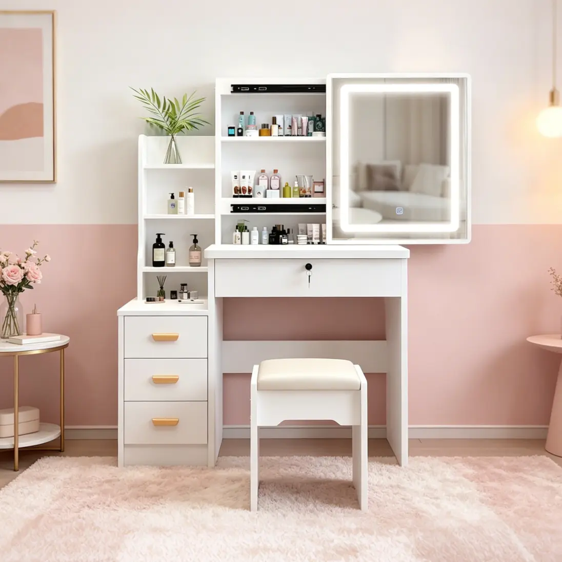 Contemporary White Makeup Vanity Desk with Built-in 3-Color LED Light Bar Mirror, Storage Drawers, Chair, Shelves, Transparent Top - Minimalist Indoor Bedroom Furniture (Liki Mio LED-Lit Makeup Vanity), Lights