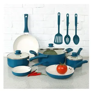 Ceramic Aluminum 12 Pieces Cookware Set Corsair Blue Nonstick Pan Stylish Handles Induction
