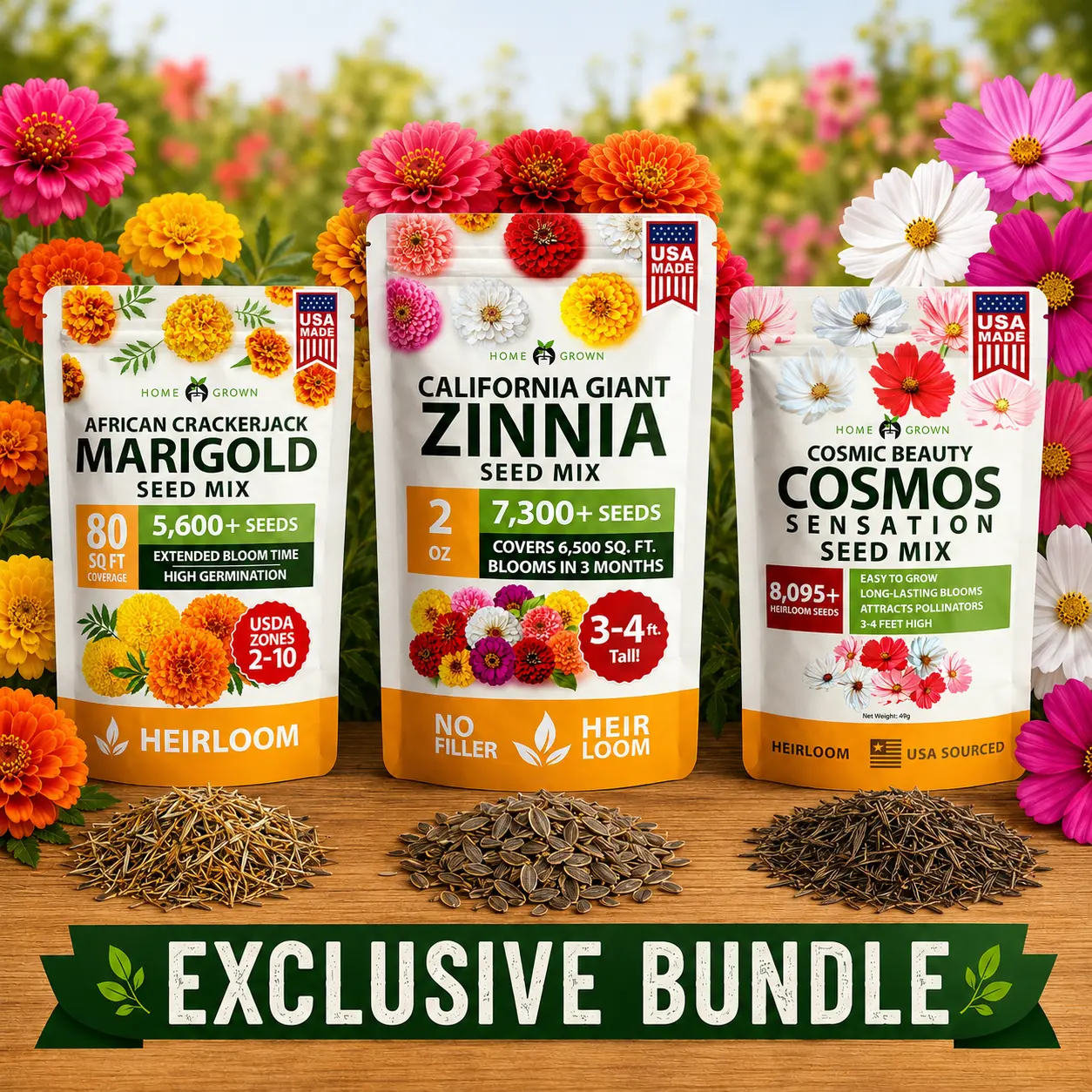 Marigold, Zinnia, Cosmos Flower Variety Pack Bundle - Over 21,000 Seeds - Chaos or Cut Flower Garden