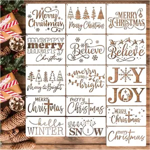 16pcs Merry Christmas Stencils for Card Making Reusable Drawing Believe Christmas Stencils for Painting on Wood Signs, Crafts, Wall Decorations