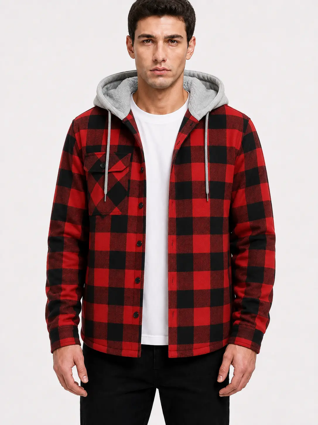 ZITY Men’s Collared Checked Loose Hooded Flannel Shirt Jacket - Drawstring Hood, Casual Long Sleeve Button-Down, US Sizes, Driving/OOTD Use, Multiple Colors