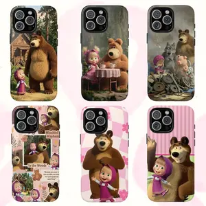 Cute Bear & Little Girl Cartoon Phone Case, Kawaii Pink Aesthetic Cover for iPhone Samsung series