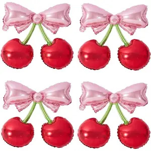 4Pcs Pink Bow Red Cherry Balloons for She's The Cherry On Top Party Foil Balloons Berry First Birthday Decorations Fruit Theme Shower Bridal Wedding Valentines Day Party Supplies
