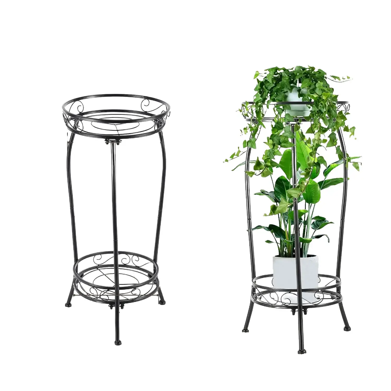 Plant Stand Indoor Outdoor Tall Black Metal Rustproof Stable 2 Tier 27.1 inch Multiple Plant Rack Holder Flower Pot Stand Heavy Duty Iron 3-leg Structure Planter Rack