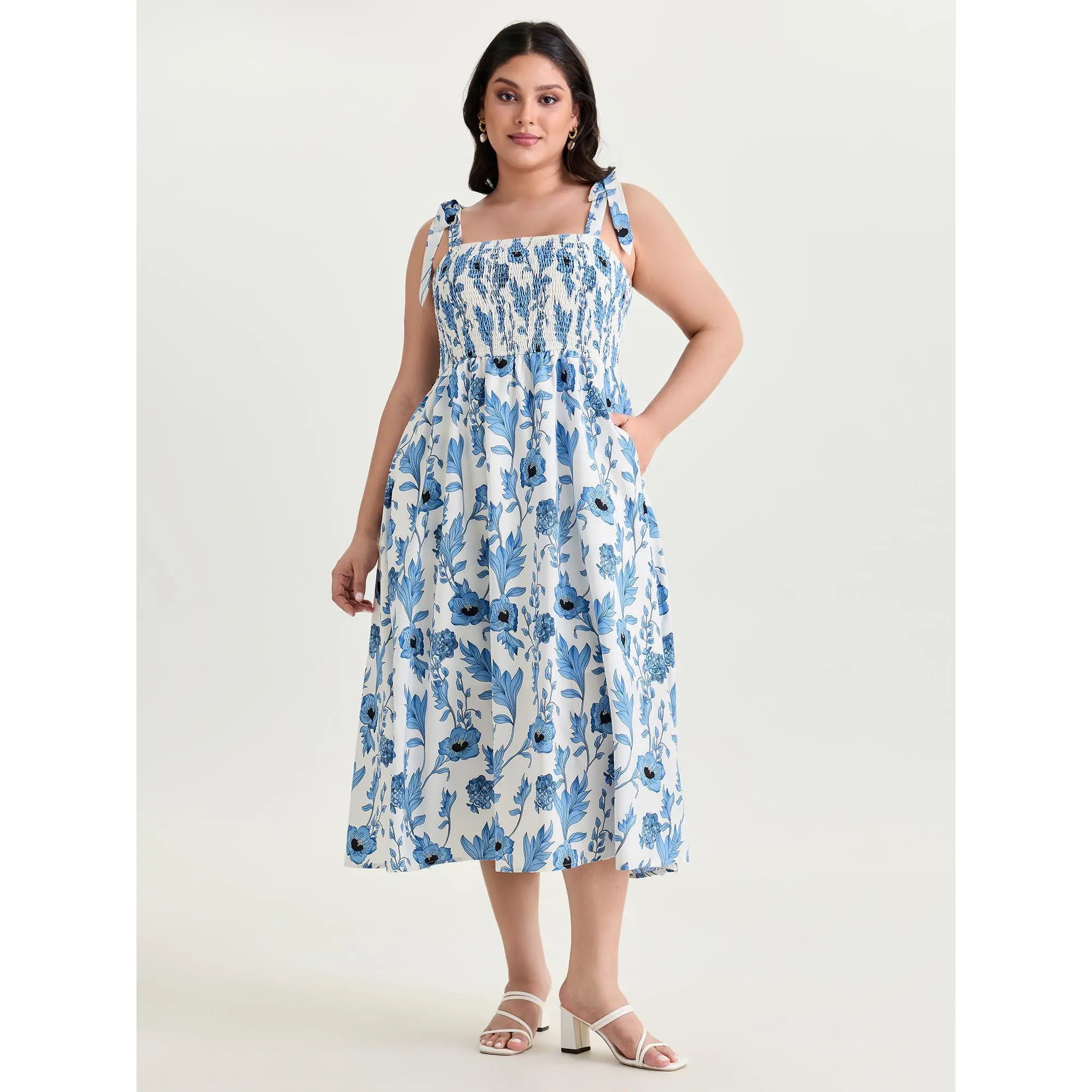 BloomChic Women's Plus Size Timeless Floral Maxi Dress in Smooth Polyester, Smocked with Bowknot Tie Straps and Pockets, Low Iron Ready to Wear, Garment, Casual, Ditsy Floral, Strappy, Plus Size Clothes, Curvy Women Plus Size