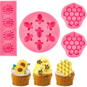 4 count Bumble Bee  Mold Honeycomb Sunflower and Bee Fondant Molds for Cupcake Cake Decorating Sugar  Candy Baking Mold