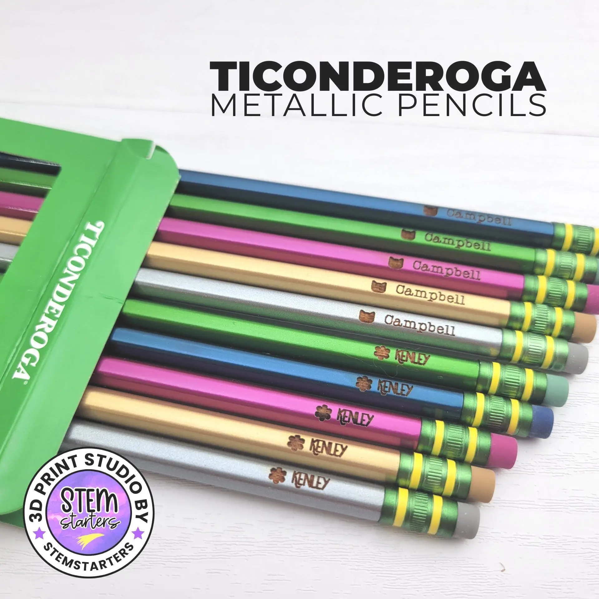 Custom Ticonderoga Metallic Pencils: Personalized Engraved Pencil Set, Cute Teacher Gift, Back to School Supplies, Vibrant Metallic Wood