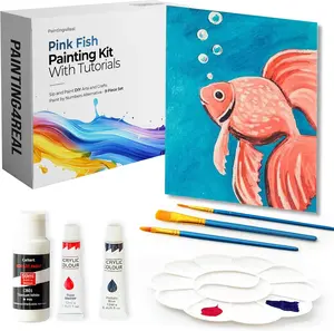 DIY Pink Fish Acrylic Painting Kit with Video Tutorials - 9pc Art Set for Adults and Beginners