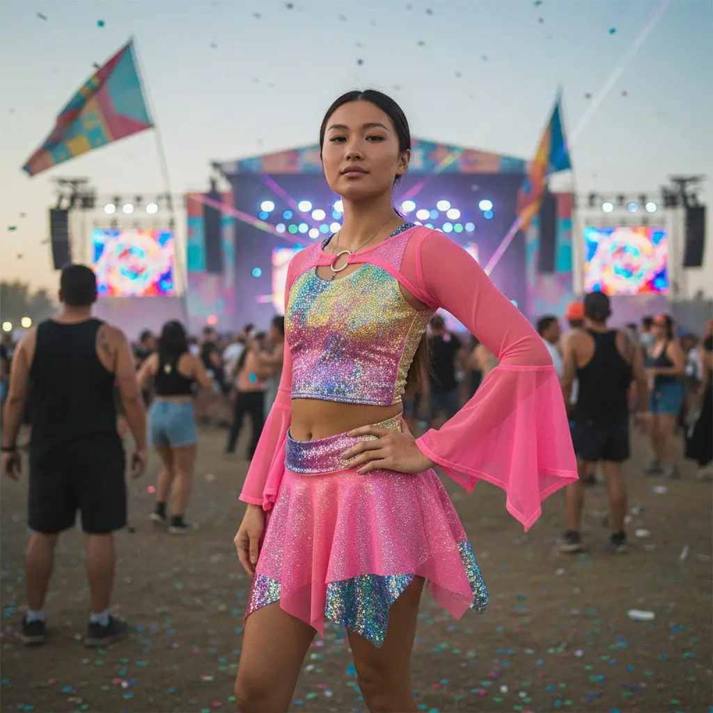 Pixie Bolero Top w/Ring - Pink Mesh Bell Sleeve Fairy Costume Shrug Top