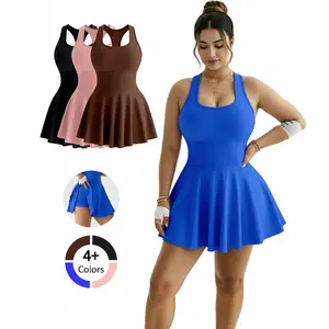 Women's U-neck Sleeveless Sports Tennis Dress with Built-in Bra & Matching Shorts for Tennis Golf Exercise Machine Washable Solid Color Athletic Wear