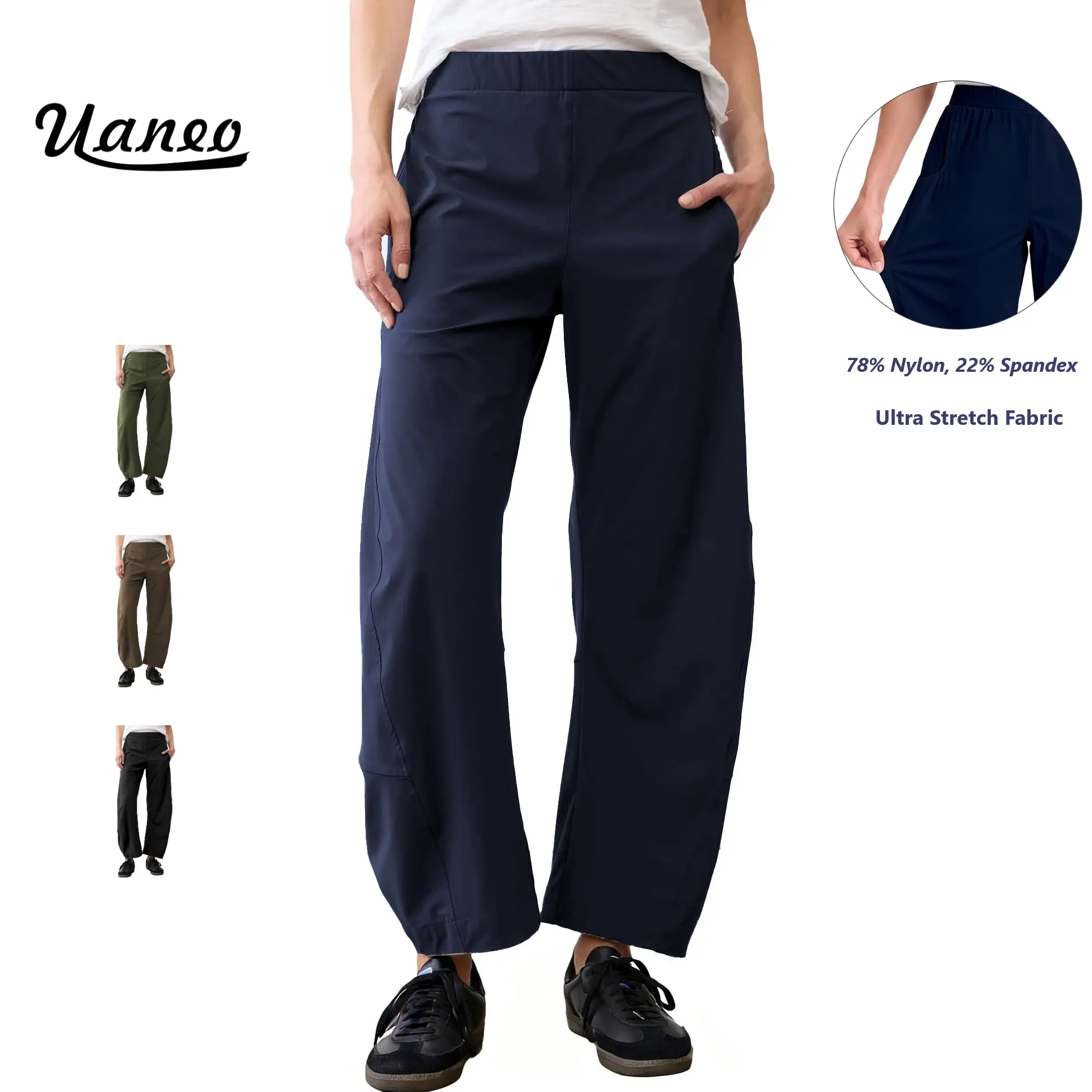UANEO Women Barrel Travel Pants Elastic Waistband Tapered Leg Baggy Mid Rise Work Trousers Lounge Pant with Pockets