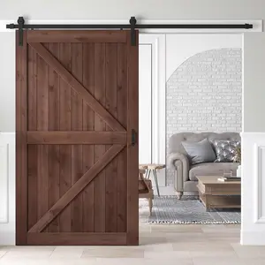 48x84 Inch K Shape Coffee Sliding Barn Wood Door Slab with 8ft Hardware Kit and Handle, Simple DIY Assembly